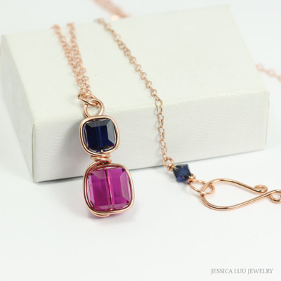 14K rose gold filled wire wrapped pendant with dark blue and fuchsia pink purple faceted cube Austrian crystals on 18 inch long 14K rose gold filled chain necklace handmade by Jessica Luu Jewelry