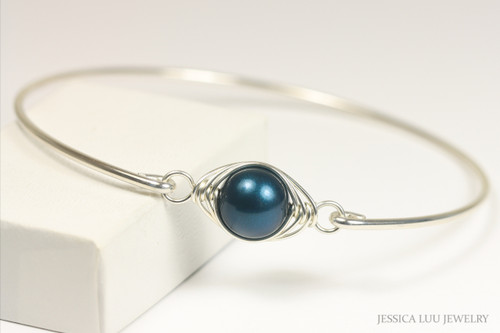 Sterling silver bangle bracelet with 10mm Tahitian dark blue pearl solitaire handmade by Jessica Luu Jewelry