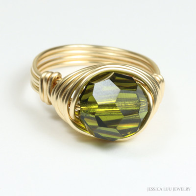 10mm olive green faceted round crystal solitaire ring in 14K yellow gold filled wire wrapped setting and band handmade by Jessica Luu Jewelry
