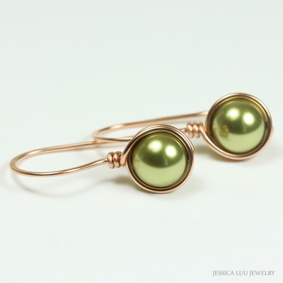 8mm olive green pearls in 14K rose gold filled wire wrapped setting handmade by Jessica Luu Jewelry 8mm olive green pearls in 14K rose gold filled wire wrapped setting handmade by Jessica Luu Jewelry