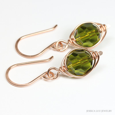 8mm faceted round olive green crystal dangle earrings in 14K rose gold filled wire wrapped setting handmade by Jessica Luu Jewelry 8mm faceted round olive green crystal dangle earrings in 14K rose gold filled wire wrapped setting handmade by Jessica Luu Jewelry