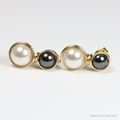 Black and white two tone pearl drop earrings in 14K yellow gold filled wire wrapped setting handmade by Jessica Luu Jewelry Black and white two tone pearl drop earrings in 14K yellow gold filled wire wrapped setting handmade by Jessica Luu Jewelry