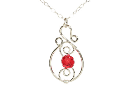 Sterling silver wire wrapped light siam red  crystal pendant on chain necklace handmade by Jessica Luu Jewelry