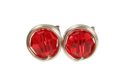 Sterling silver wire wrapped light siam red crystal stud earrings handmade by Jessica Luu Jewelry