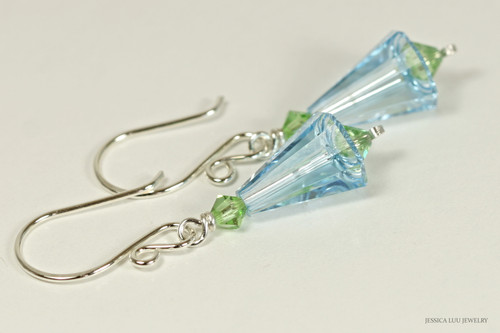 Sterling silver aquamarine and peridot blue green crystal artemis dangle earrings handmade by Jessica Luu Jewelry