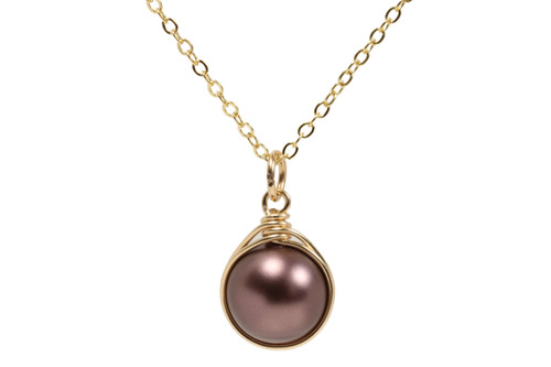 14K yellow gold filled wire wrapped velvet brown pearl solitaire pendant on chain necklace handmade by Jessica Luu Jewelry