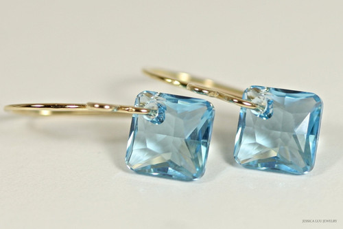 14K yellow gold filled aquamarine blue crystal dangle earrings handmade by Jessica Luu Jewelry