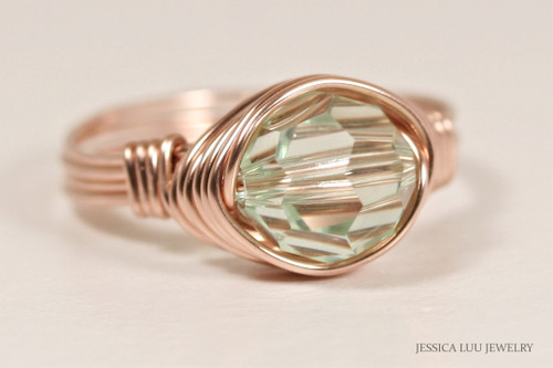 14K rose gold filled wire wrapped light green chrysolite crystal solitaire ring handmade by Jessica Luu Jewelry