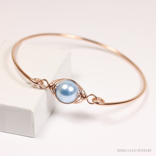 Handmade 14k rose gold filled wire wrapped bangle bracelet with light blue pearl