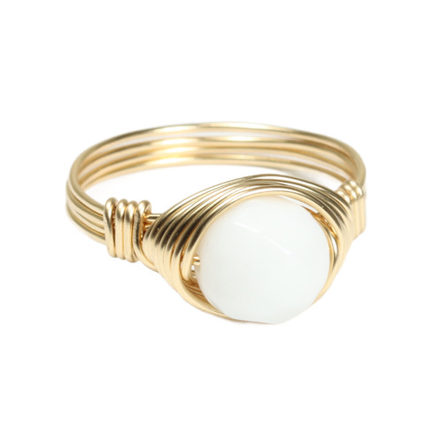 8mm faceted round white alabaster gemstone solitaire ring in 14K yellow gold filled wire wrapped setting and band handmade by Jessica Luu Jewelry 8mm faceted round white alabaster gemstone solitaire ring in 14K yellow gold filled wire wrapped setting and band handmade by Jessica Luu Jewelry