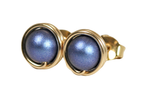 Gold Dark Blue Pearl Stud Earrings - Available in 3 Sizes and Other Metal Options