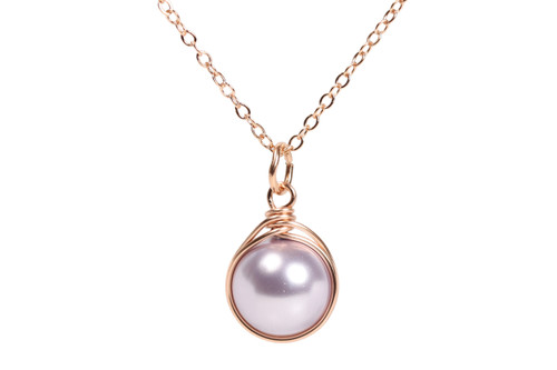 14K rose gold filled wire wrapped 10mm round lavender pearl solitaire pendant on chain necklace handmade by Jessica Luu Jewelry