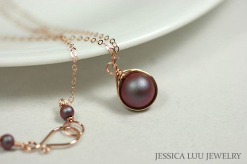 Rose Gold Iridescent Red Pearl Necklace - Available with Matching Earrings and Other Metal Options