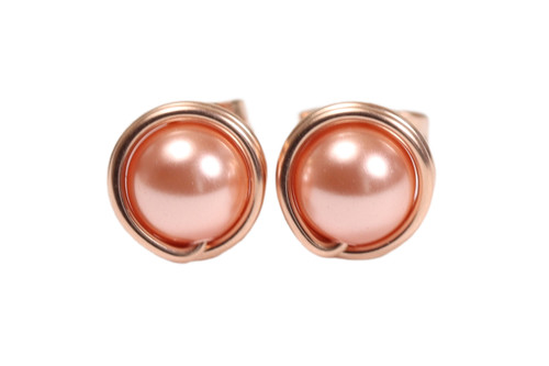 14K rose gold peach pearl stud earrings handmade by Jessica Luu Jewelry