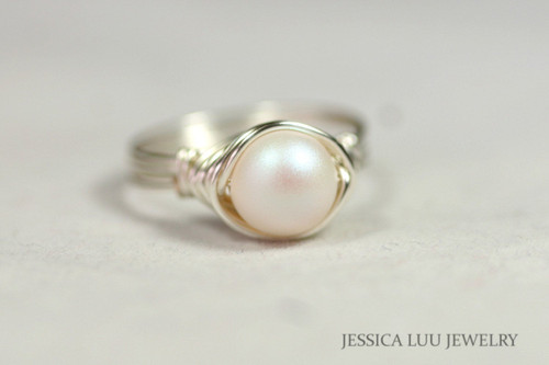 Sterling silver wire wrapped iridescent pearlescent white pearl solitaire ring handmade by Jessica Luu Jewelry
