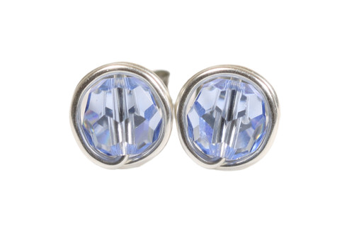 Sterling silver wire wrapped light sapphire blue crystal round stud earrings handmade by Jessica Luu Jewelry