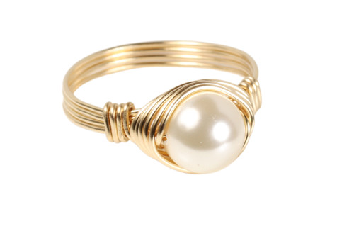 14K yellow gold filled wire wrapped ivory cream pearl solitaire ring handmade by Jessica Luu Jewelry