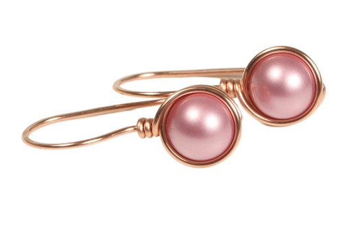 14K rose gold filled wire wrapped powder pink pearl drop earrings handmade by Jessica Luu Jewelry