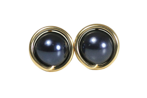 Gold Navy Blue Pearl Stud Earrings - Available in 2 Sizes and More Metal Options