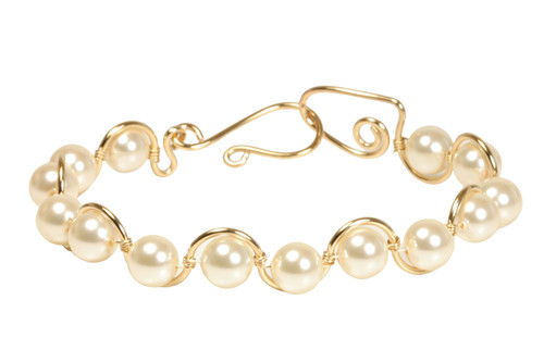 14k yellow gold filled wire wrapped bracelet with cream pearls handmade by Jessica Luu Jewelry