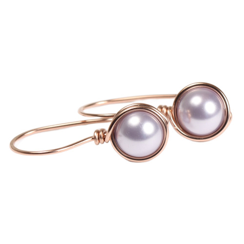 14K rose gold filled wire wrapped lavender pearl drop earrings handmade by Jessica Luu Jewelry