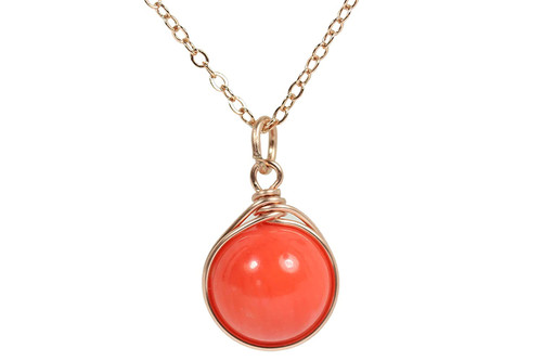 14K rose gold filled wire wrapped orange coral gemstone solitaire pendant on chain necklace handmade by Jessica Luu Jewelry