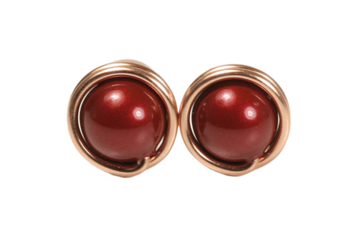 14K rose gold filled dark red bordeaux pearl stud earrings handmade by Jessica Luu Jewelry