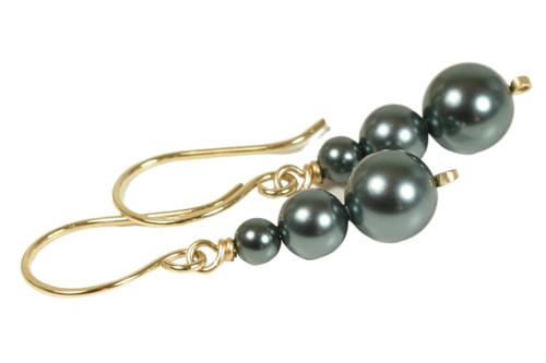 14K yellow gold filled wire wrapped three triple blue grey Tahitian pearl dangle earrings handmade by Jessica Luu Jewelry