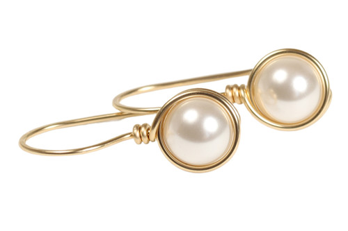 14K yellow gold filled wire wrapped white pearl drop earrings handmade by Jessica Luu Jewelry