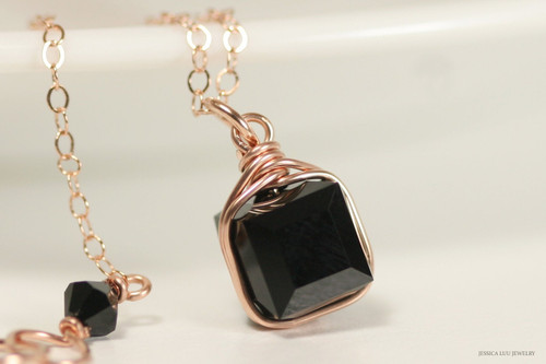 14K rose gold filled wire wrapped jet black crystal cube pendant on chain necklace handmade by Jessica Luu Jewelry