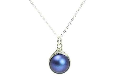 Sterling silver wire wrapped iridescent dark blue pearl solitaire on chain necklace handmade by Jessica Luu Jewelry