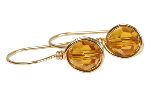 14K yellow gold filled wire wrapped orange topaz crystal drop earrings handmade by Jessica Luu Jewelry