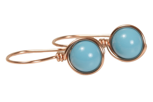 14K rose gold filled wire wrapped turquoise blue pearl drop earrings handmade by Jessica Luu Jewelry