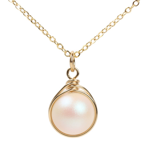 14K yellow gold filled wire wrapped pearlescent white pearl solitaire pendant on chain necklace handmade by Jessica Luu Jewelry