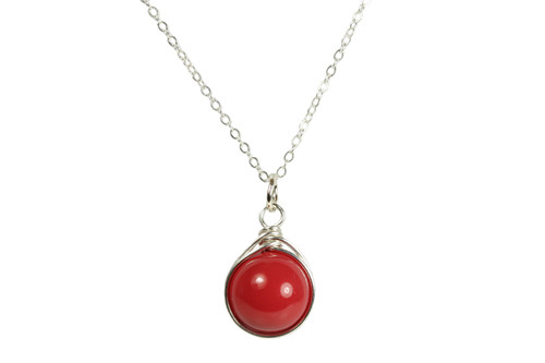 Sterling silver wire wrapped red coral pearl solitaire pendant on chain necklace handmade by Jessica Luu Jewelry