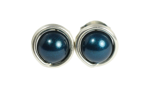 Sterling silver wire wrapped dark blue petrol pearl stud earrings handmade by Jessica Luu Jewelry