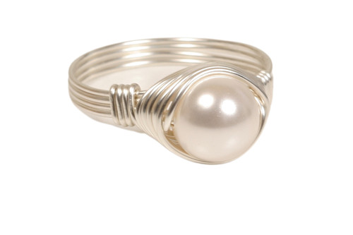 Sterling silver wire wrapped white pearl solitaire ring handmade by Jessica Luu Jewelry