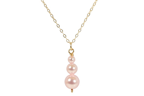 14K yellow gold filled three light pink rosaline pearl pendant on chain necklace handmade by Jessica Luu Jewelry