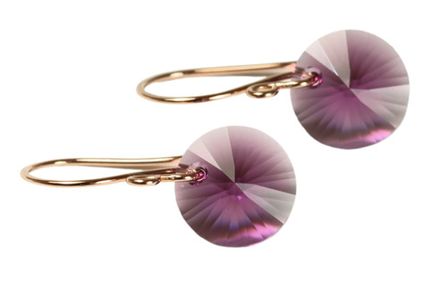 14K rose gold filled amethyst purple crystal rivoli dangle earrings handmade by Jessica Luu Jewelry