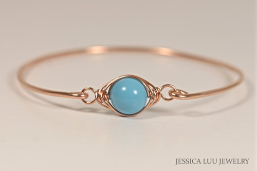 14K rose gold filled herringbone wire wrapped turquoise pearl bangle bracelet