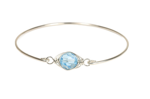 Sterling silver wire wrapped 10mm aquamarine blue round crystal solitaire bangle bracelet handmade by Jessica Luu Jewelry