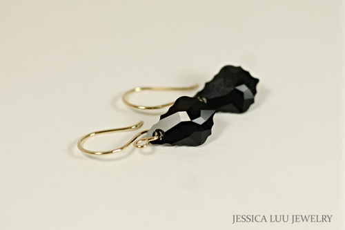 14K yellow gold filled jet black crystal baroque pendant dangle earrings handmade by Jessica Luu Jewelry