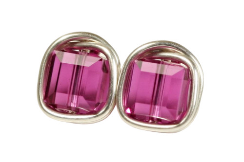 Sterling Silver Fuchsia Purple Crystal Stud Earrings - Available with Matching Necklace and Other Metal Options