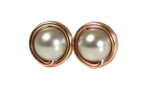 Rose Gold Silver Pearl Stud Earrings - Available in 2 Sizes and Other Metal Options