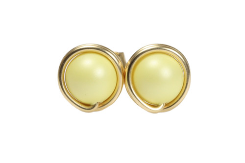 14K yellow gold filled wire wrapped pastel light yellow pearl stud earrings handmade by Jessica Luu Jewelry