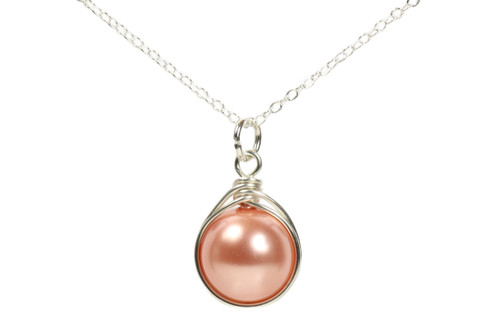 Sterling silver wire wrapped rose peach pearl solitaire pendant on chain necklace handmade by Jessica Luu Jewelry