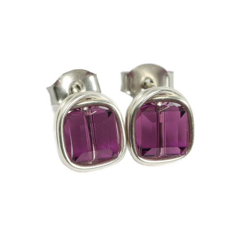 Sterling silver wire wrapped amethyst purple crystal square cube stud earrings handmade by Jessica Luu Jewelry