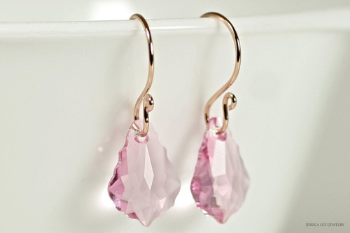 14K rose gold filled light pink crystal baroque pendant dangle earrings handmade by Jessica Luu Jewelry