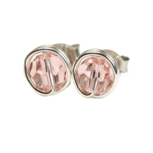 Sterling silver wire wrapped 6mm blush pink faceted round crystal stud earring handmade by Jessica Luu Jewelry