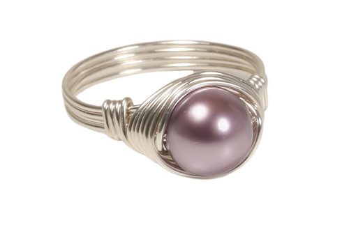 Sterling silver wire wrapped mauve purple pearl solitaire ring handmade by Jessica Luu Jewelry